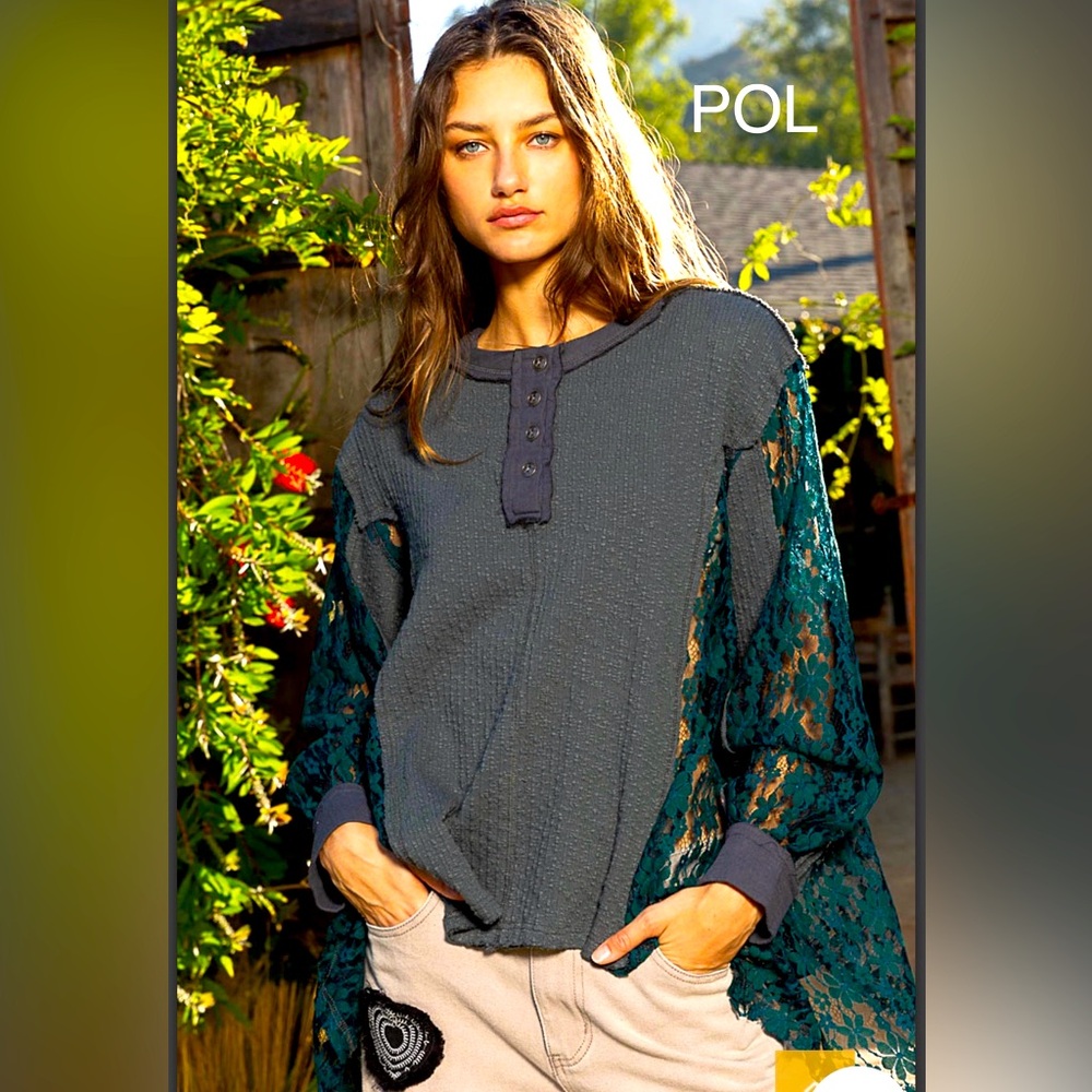 88. NWT POL Teal and Gray Lace Sleeve Top